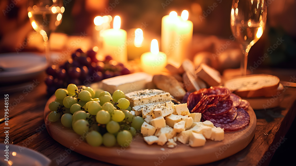 A wooden platter with a variety of cheeses, bread, and grapes A wooden platter with a variety of cheeses, bread, and grapes