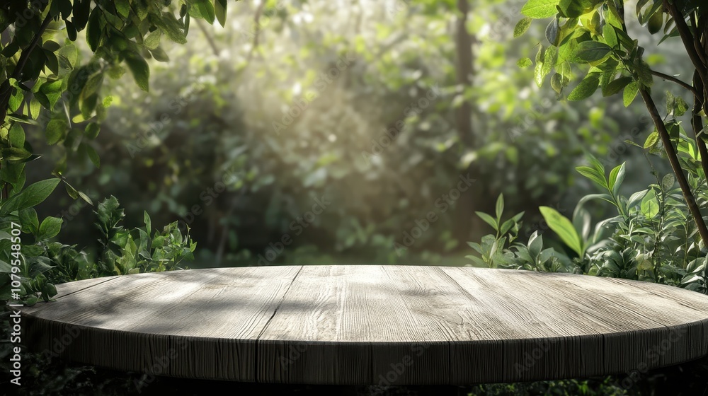 Fototapeta premium Wooden Tabletop in a Lush Green Garden with Sunlight Through Leaves.