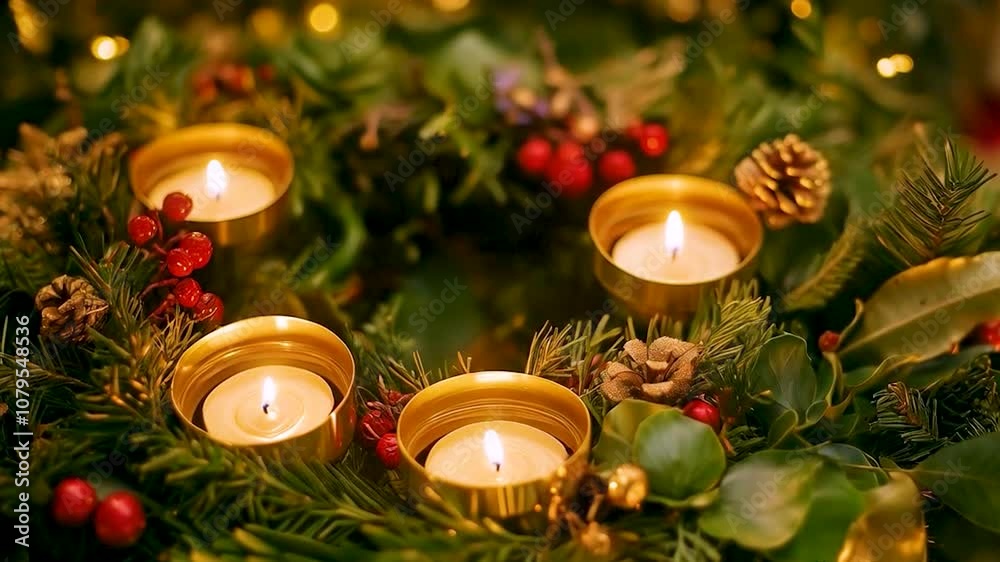 advent wreath with four burning candles