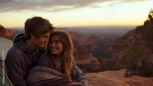 couple in a romantic camping trip in the sunset  photo