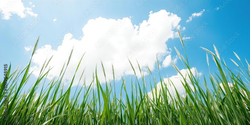 Obraz premium Tall green grass swaying under a bright blue sky with fluffy white clouds, peaceful, landscape
