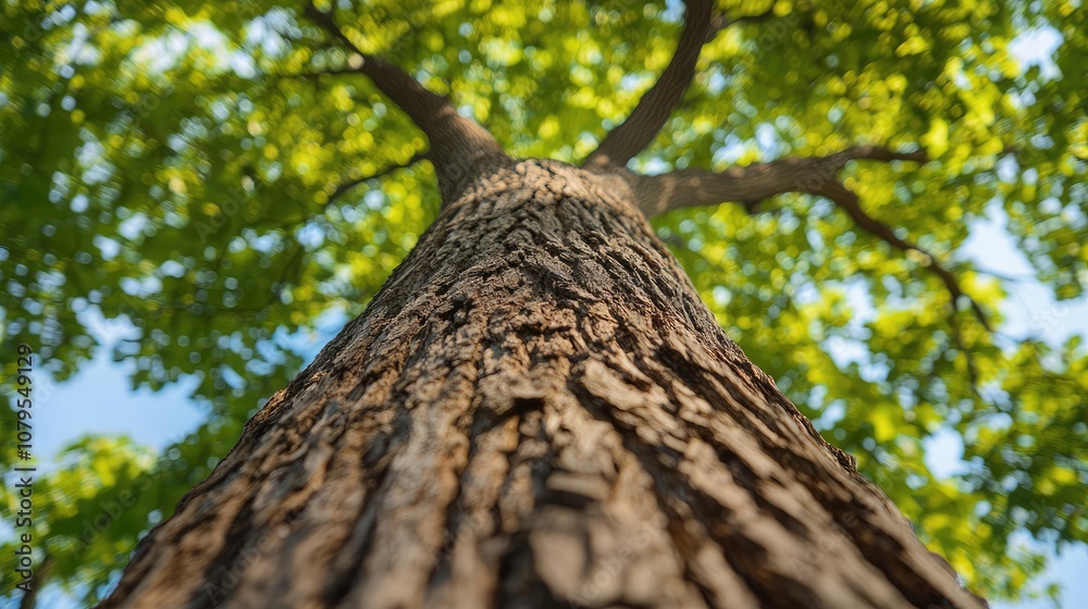 Fototapeta premium Tall tree with green leaves viewed from the ground, blue sky in the background.