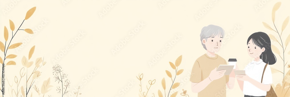 A digital illustration of two people engaging with devices amidst a floral background. A digital illustration of two people engaging with devices amidst a floral background.