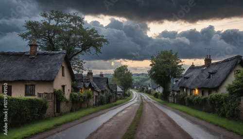 Quiet Village Road at Dusk Under a Brooding Sky with Heavy Clouds