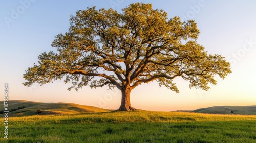 Majestic oak tree standing tall on green hill during golden hour.