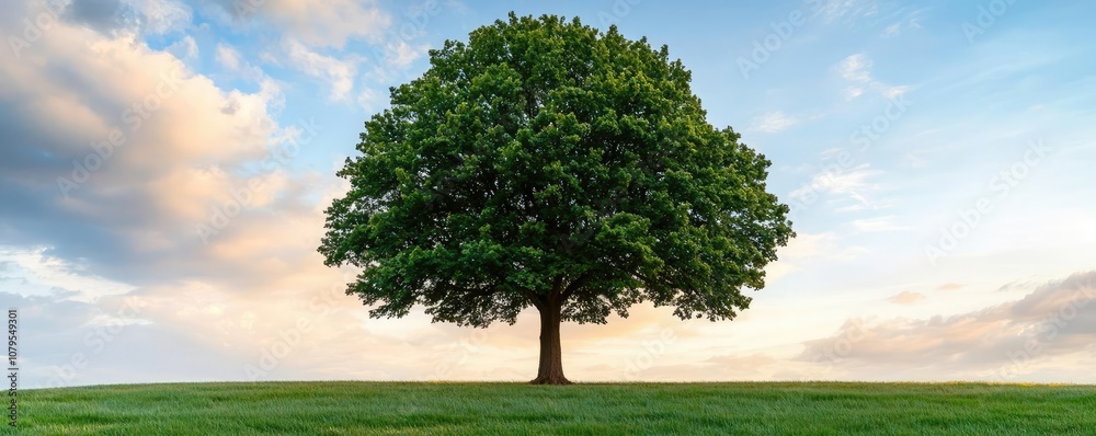 Single lush tree standing on green grass under a bright sky. Single lush tree standing on green grass under a bright sky.