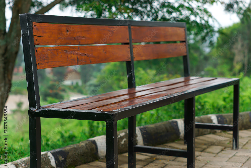 Naklejka premium Wooden bench in a serene outdoor setting surrounded by lush greenery.