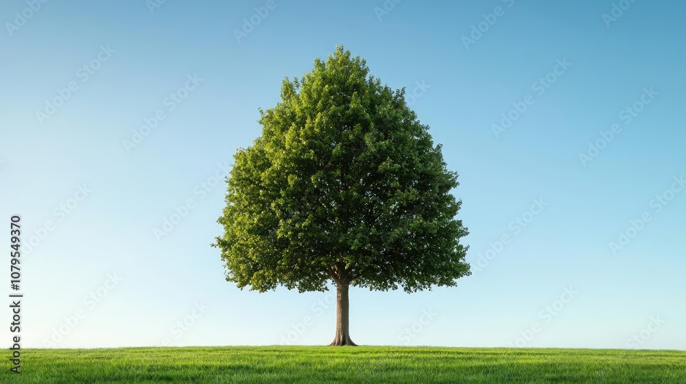 Naklejka premium Lone tree on a green hill against a clear blue sky, vibrant and serene natural scene.