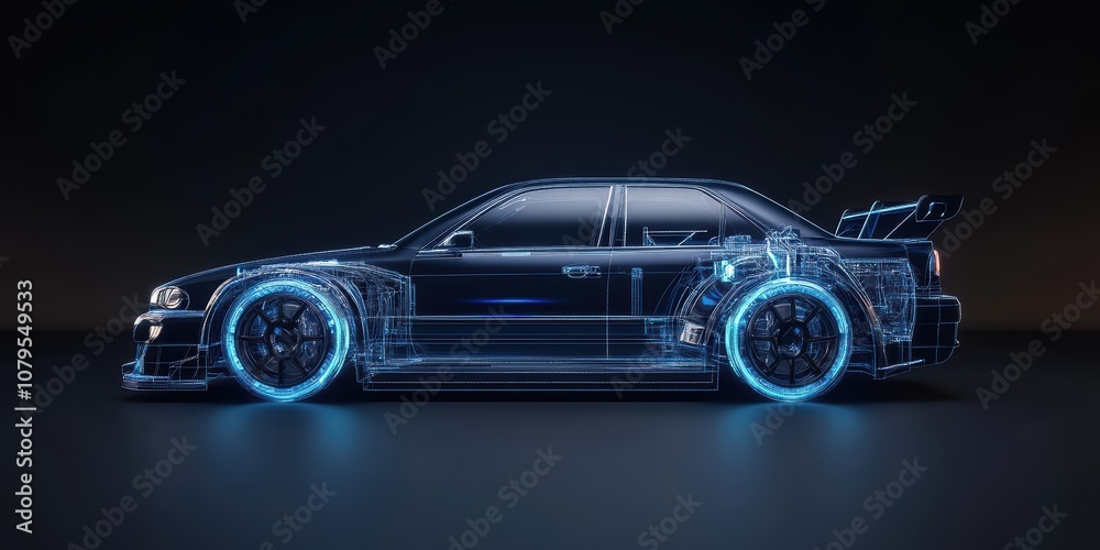 Naklejka premium Dynamic blue hologram display of car structure digital environment side view perspective technology concept