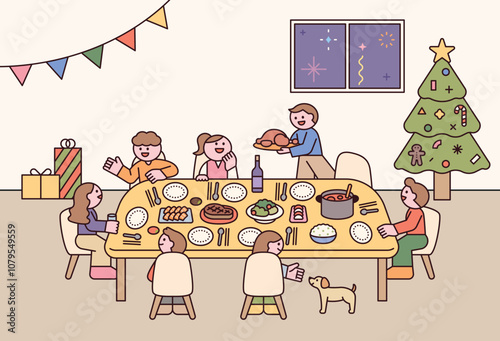 The family is gathered together for a Christmas dinner. There is a lot of food on a large table.