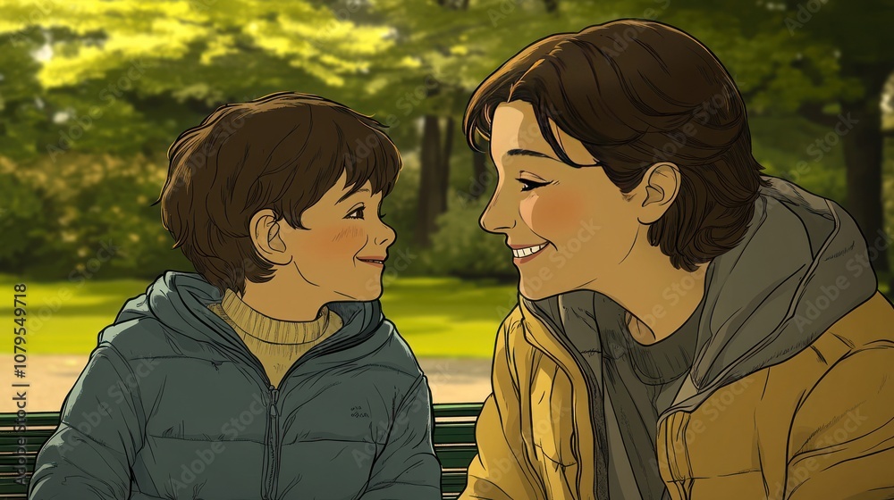 A joyful moment between a mother and her son in a park, sharing smiles and connection. A joyful moment between a mother and her son in a park, sharing smiles and connection.