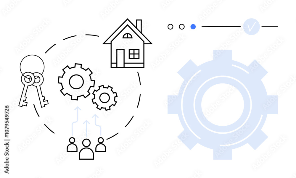 House with keys and gears surrounded by user icons and arrows, blue highlighted step. Ideal for real estate, property management, business processes, workflow, team collaboration, home ownership House with keys and gears surrounded by user icons and arrows, blue highlighted step. Ideal for real estate, property management, business processes, workflow, team collaboration, home ownership