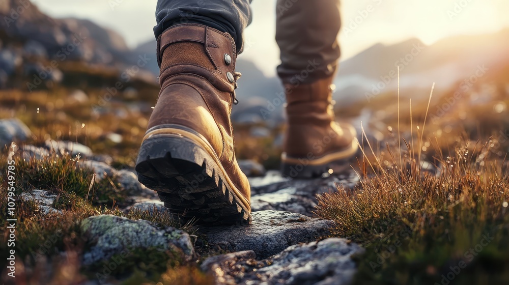Closeup of Hiking Boots Stepping on Rocky Trail in Mountain Landscape Closeup of Hiking Boots Stepping on Rocky Trail in Mountain Landscape
