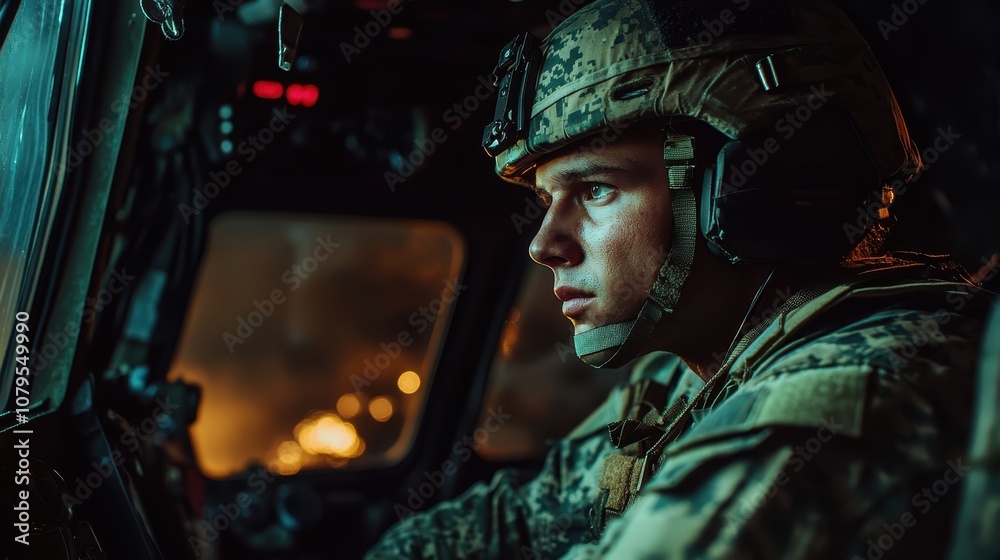 Close-up Portrait of a Soldier in a Military Helicopter at Night. Close-up Portrait of a Soldier in a Military Helicopter at Night.