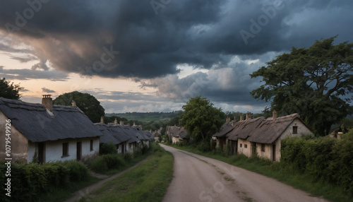 Quiet Village Road at Dusk Under a Brooding Sky with Heavy Clouds