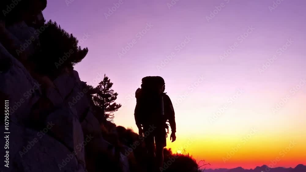 A silhouette of a hiker with a backpack walking uphill during a colorful sunrise, showcasing the beauty of nature and the thrill of adventure. A silhouette of a hiker with a backpack walking uphill during a colorful sunrise, showcasing the beauty of nature and the thrill of adventure.