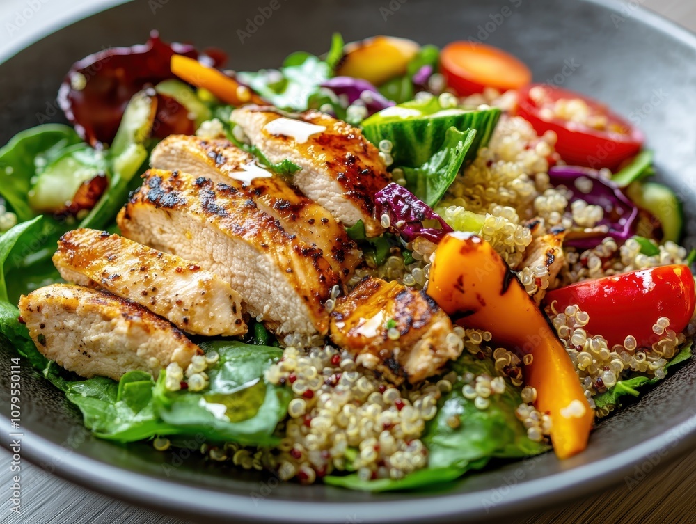 Close-up of Delicious Grilled Chicken Salad with Quinoa, Fresh Vegetables, and Dressing.