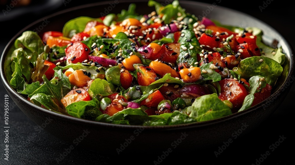 Vibrant Asian salad with sesame dressing, colorful toppings, fresh ingredients, appetizing presentation, healthy and flavorful dish Vibrant Asian salad with sesame dressing, colorful toppings, fresh ingredients, appetizing presentation, healthy and flavorful dish