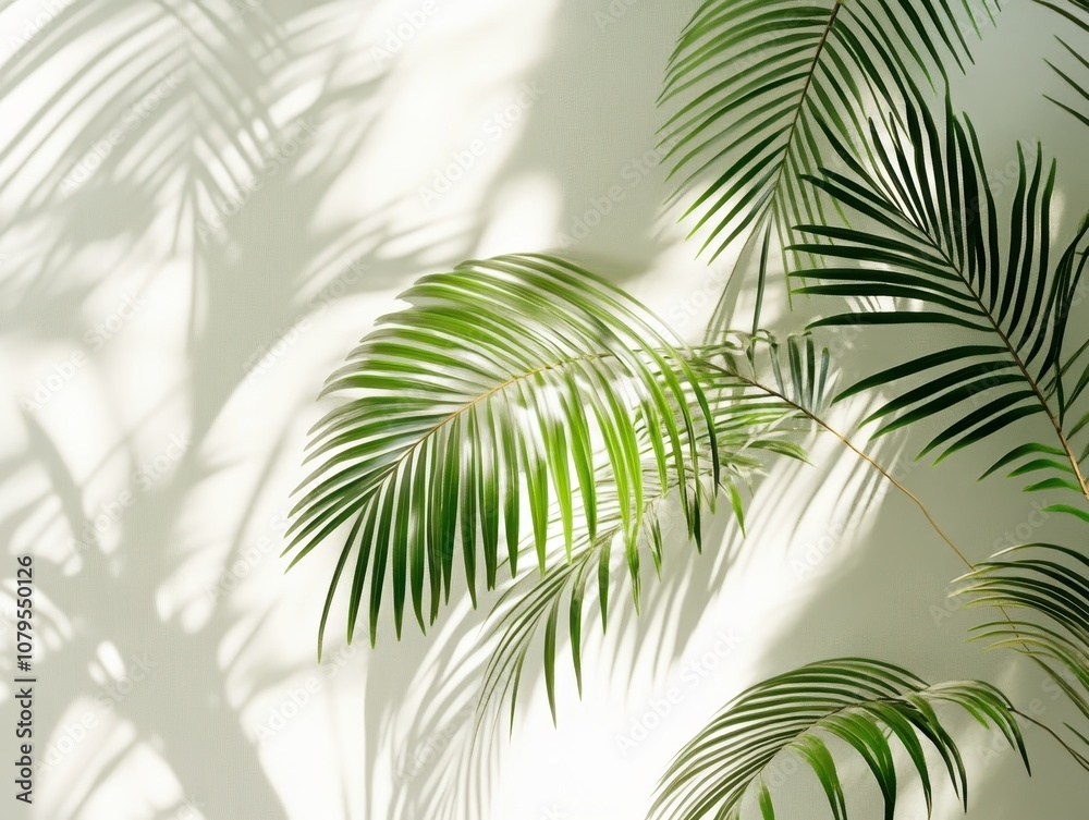 Fototapeta premium Tropical Palm Leaf Shadow Overlay on White Wall Background.