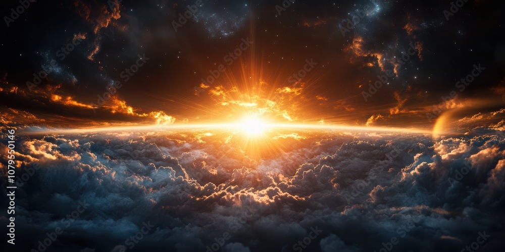 Fototapeta premium Majestic sunrise over clouds space digital art cosmic landscape aerial view celestial wonder for seo impact