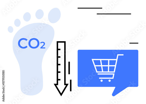 Footprint with CO2, downward arrow, and shopping cart. Ideal for sustainability, eco-friendly shopping, climate change awareness, responsible consumerism, environmental impact, green business, carbon