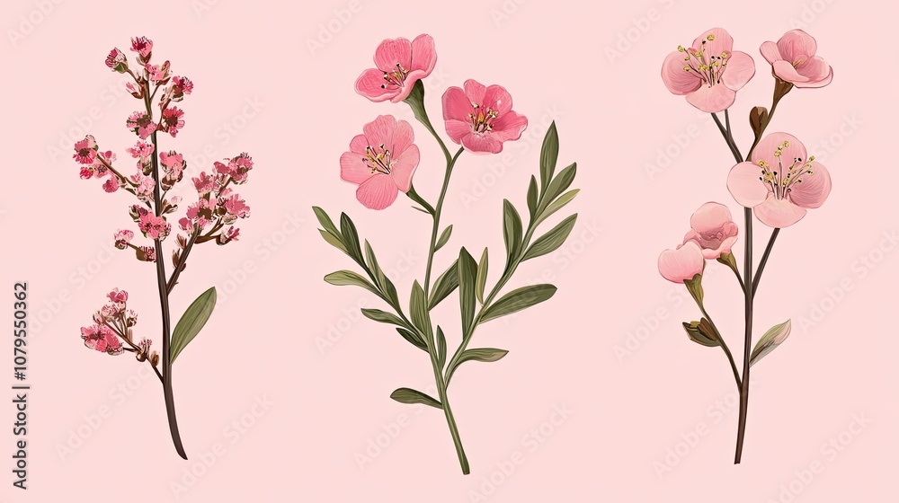 Pink Blossoms and Greenery on a Pale Pink Background Pink Blossoms and Greenery on a Pale Pink Background