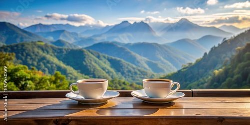 Two cups of coffee on a table with beautiful mountview in background, coffee, cups, table, mountview, scenery, morning photo