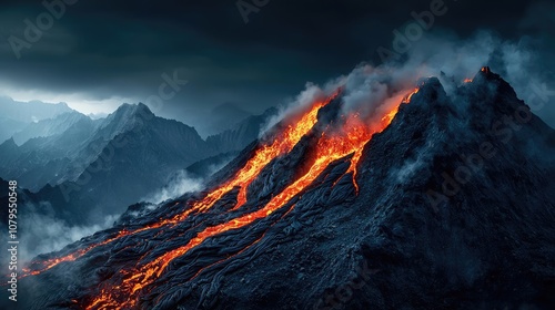 Volcanic eruption with flowing lava against a dark atmospheric backdrop.