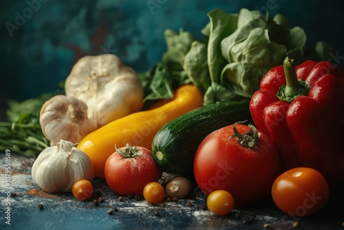 Fresh vegetables like tomatoes, bell peppers, zucchini, garlic, and lettuce. photo