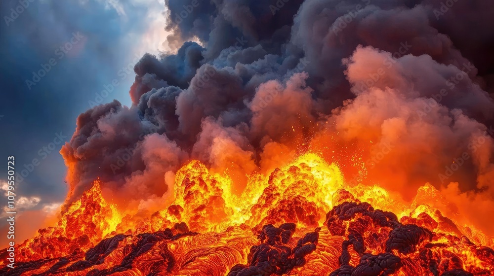Erupting volcano with molten lava and thick smoke against dramatic sky. Erupting volcano with molten lava and thick smoke against dramatic sky.