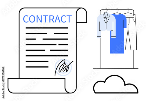 Employment contract with a signature, professional wardrobe with hanging clothes, and cloud storage icon. Ideal for legal, business, HR, career, fashion digital storage remote work themes. Line