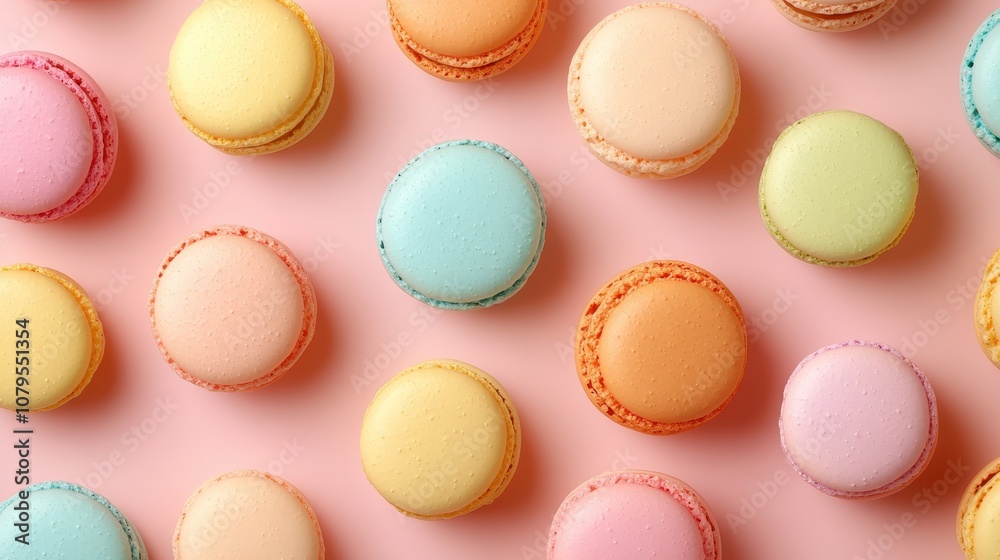 Colorful Macarons on Pink Background - Delicious French Pastries Colorful Macarons on Pink Background - Delicious French Pastries