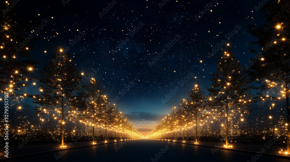 Enchanted Night Road: A magical road lined with glowing trees under a starlit sky. Perfect for fantasy, dreams, and winter themes. 