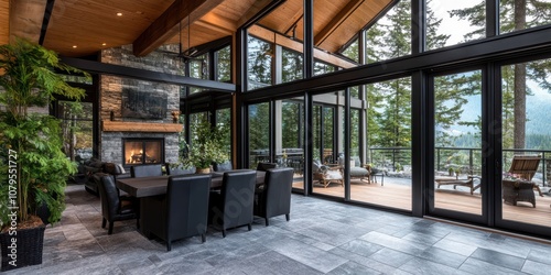 Elegant modern living room with large black aluminum swing doors overlooking nature mountain view contemporary design cozy atmosphere