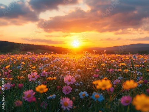 Golden Summer Sunset Over Wildflower Field, vibrant colors illuminating blossoms, serene atmosphere, nature's beauty on display