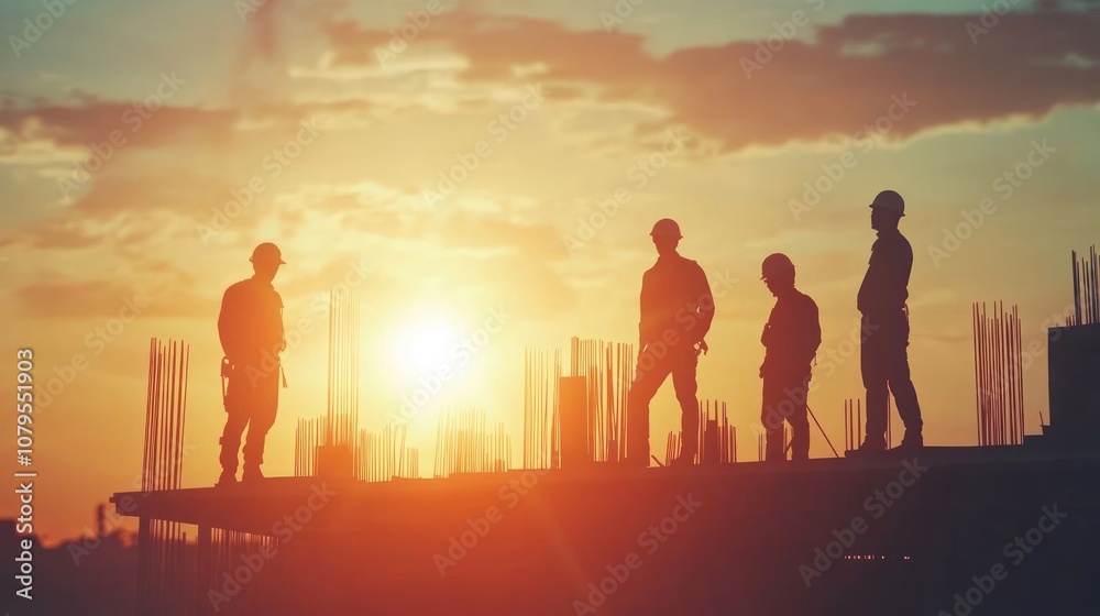 Silhouettes of construction workers on a building site at sunset.