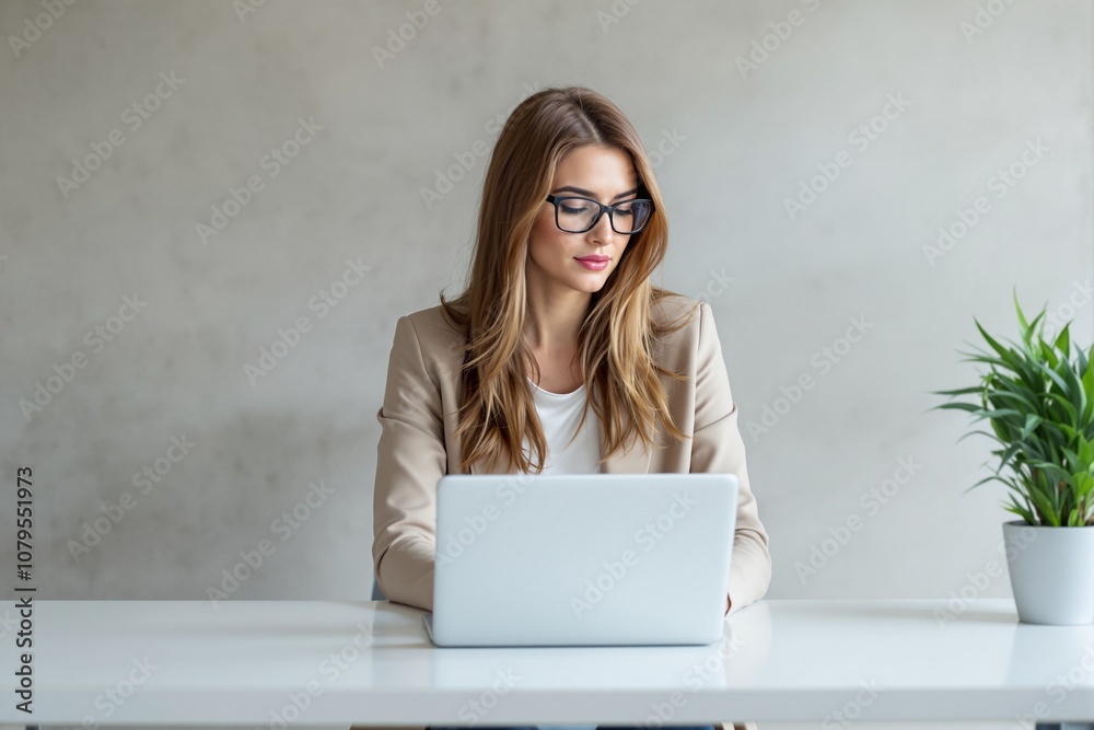 Young Professional Woman Working on Laptop at Modern Workspace Young Professional Woman Working on Laptop at Modern Workspace