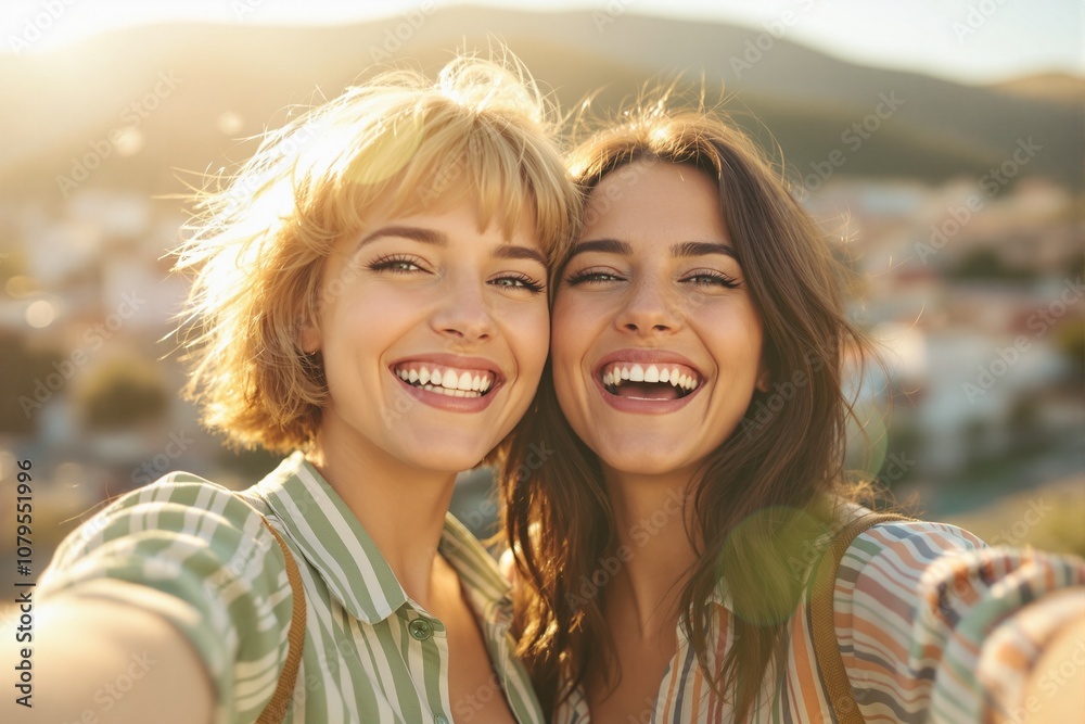 Fototapeta premium Joyful Friends Smiling Together During Sunset in a Scenic Outdoor Location