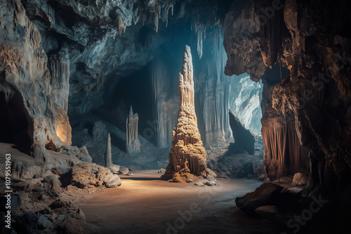 Inside of cave with stalactite and stalagmite, Cavern display with light designing.