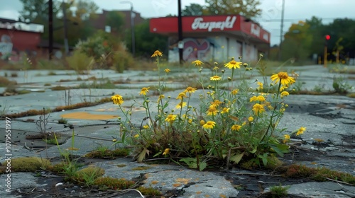 Fototapeta Naklejka Na Ścianę i Meble -  A small patch of yellow flowers growing in a crack in the pavement