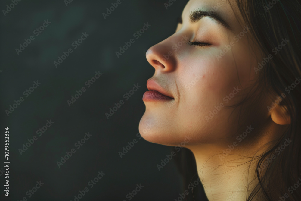 Fototapeta premium Woman enjoying morning sunlight peaceful and content expression. Take a breath with fresh air. Positivity and happiness.