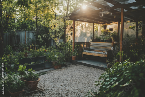 Selective focus modern pavilion in backyard garden, Exterior design of pavilion in backyard with cozy vibe, Landscape view of shady recreation place with wood bench.