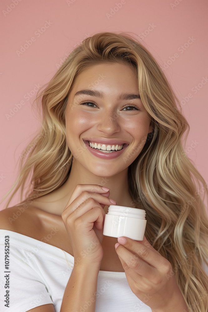 woman holding a cream bottle in her hands. Close up portrait of woman with beauty product. Smiling portrait of a woman. Cosmetics background. AI Generated woman holding a cream bottle in her hands. Close up portrait of woman with beauty product. Smiling portrait of a woman. Cosmetics background. AI Generated