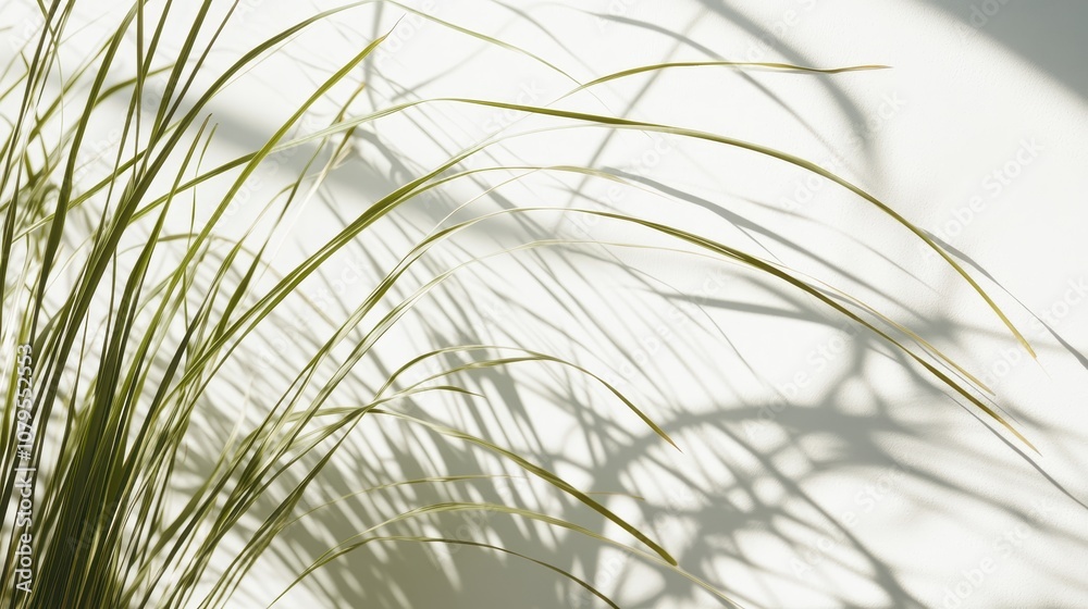 Naklejka premium Abstract Green Leaf Shadows on White Wall Background - Minimalist Nature Texture