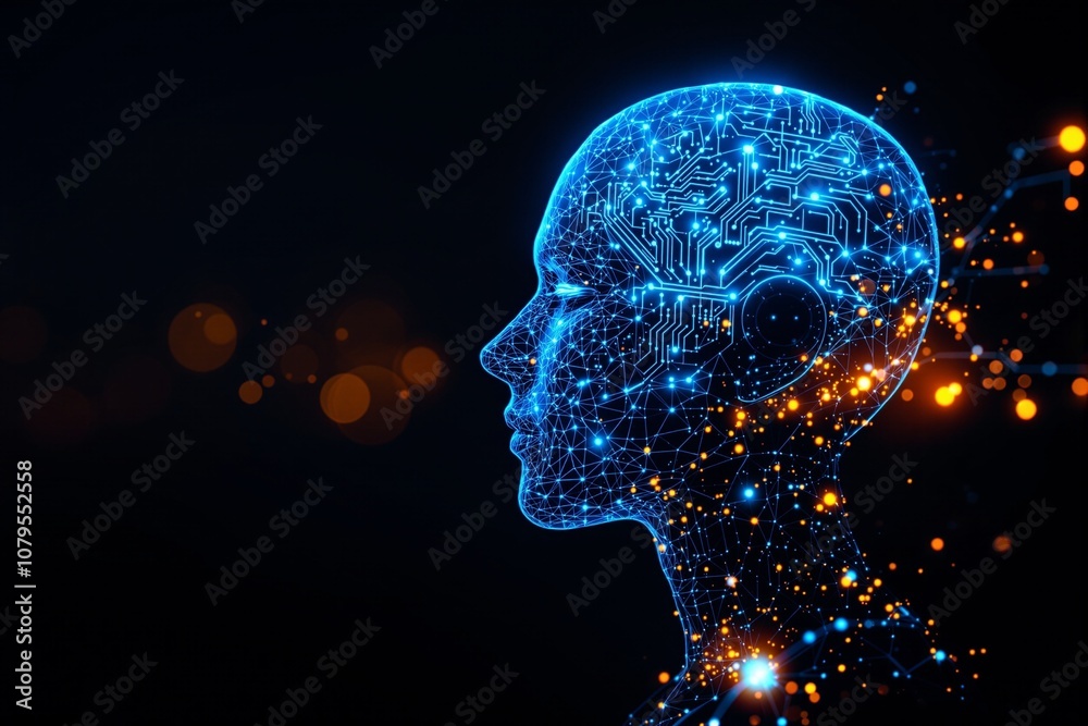 Obraz premium Futuristic Digital Profile of a Human-Like Robot with Circuit Patterns and Glowing Particles