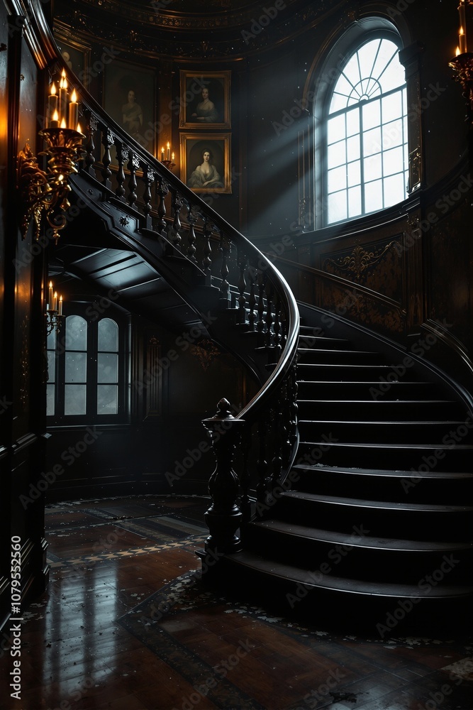 Obraz premium Grand Interior of an Opulent Victorian Staircase with Dramatic Lighting and Antique Portraits