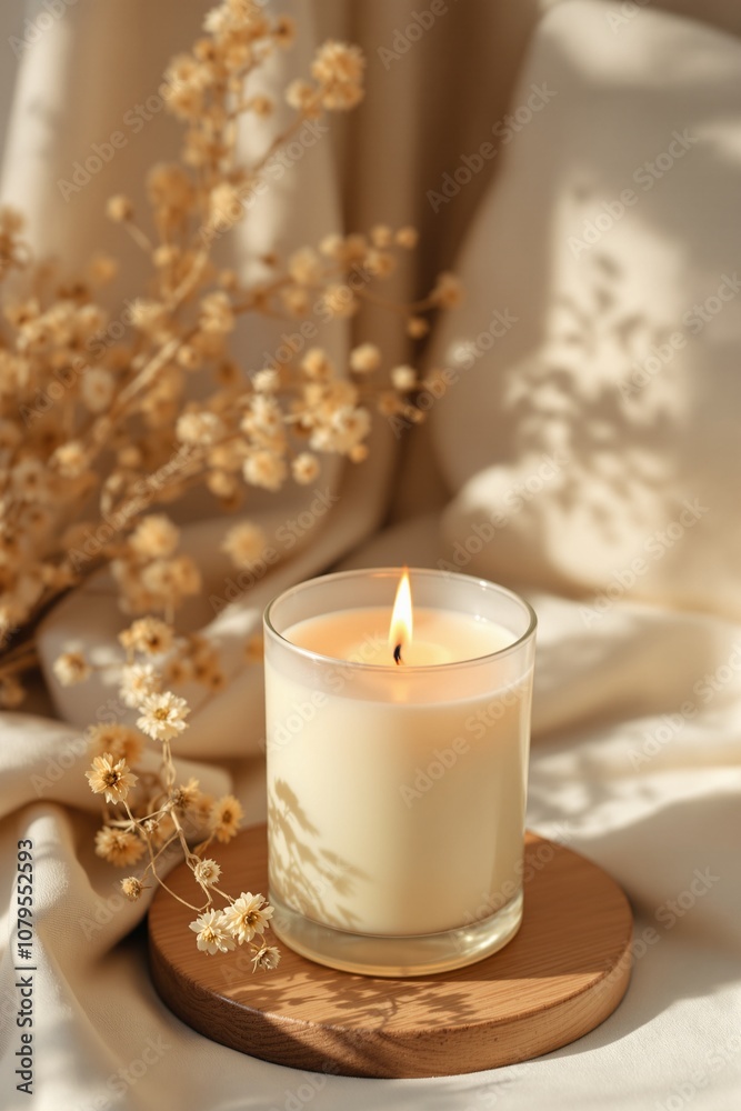 Serene Still Life Composition with lit Candle and Dried Flowers on Soft Fabric Serene Still Life Composition with lit Candle and Dried Flowers on Soft Fabric