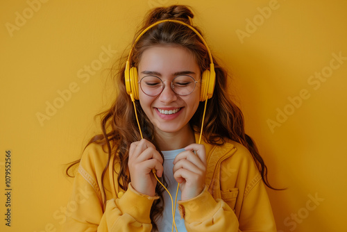 Woman listening to music or podcast with yellow headphone for motivation in morning. Enjoy peaceful and relax vibes.

