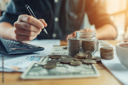 Selective focus businessman with money planning concept, Pile of coin on financial working table, Money management concept.