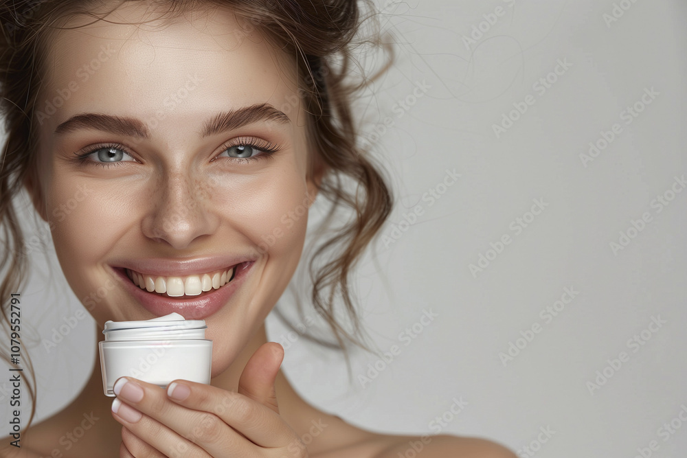 woman holding a cream bottle in her hands. Close up portrait of woman with beauty product. Smiling portrait of a woman. Cosmetics background. AI Generated woman holding a cream bottle in her hands. Close up portrait of woman with beauty product. Smiling portrait of a woman. Cosmetics background. AI Generated